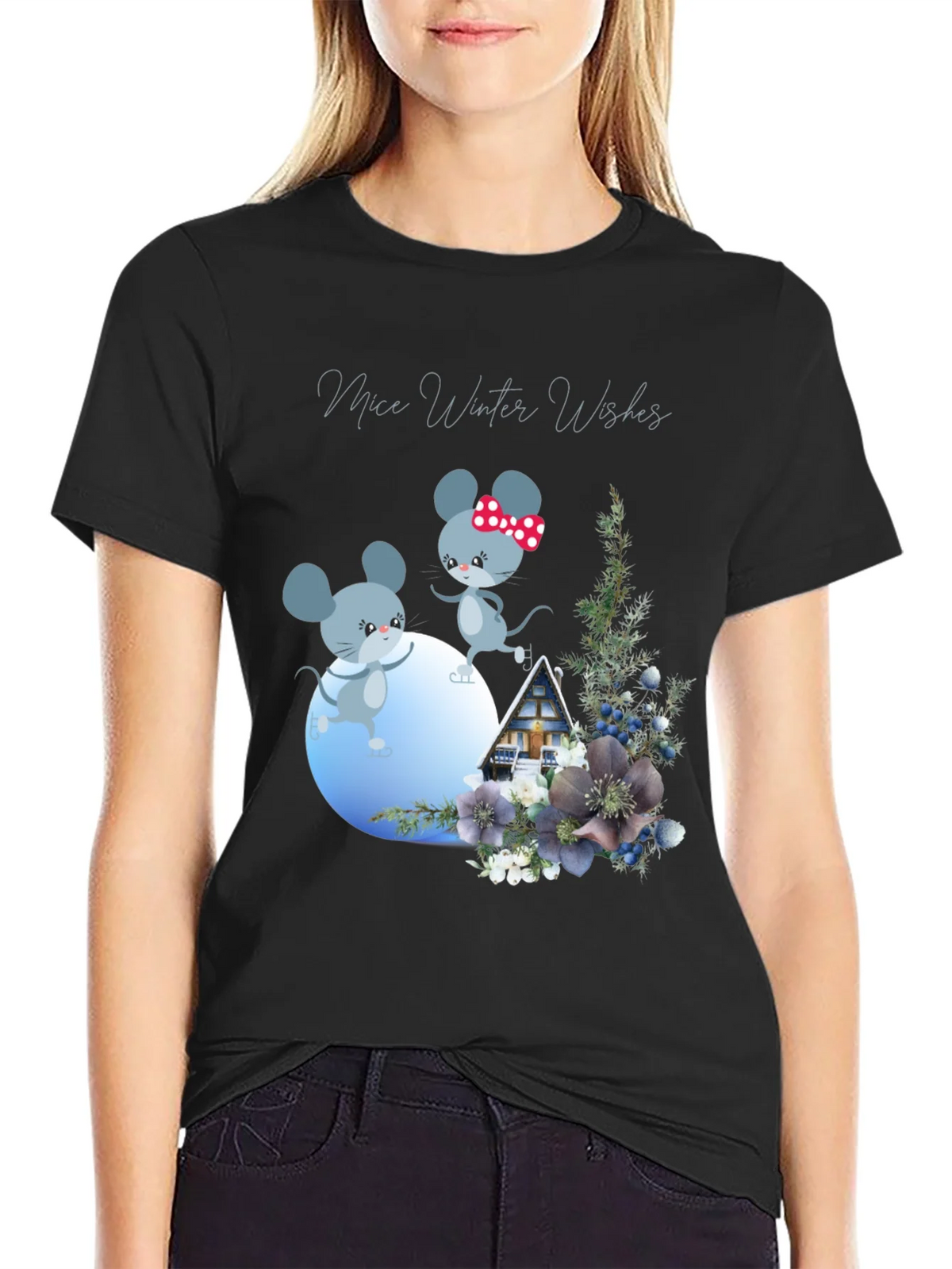 Mice Winter Wishes Black Graphic T-Shirt product image 2